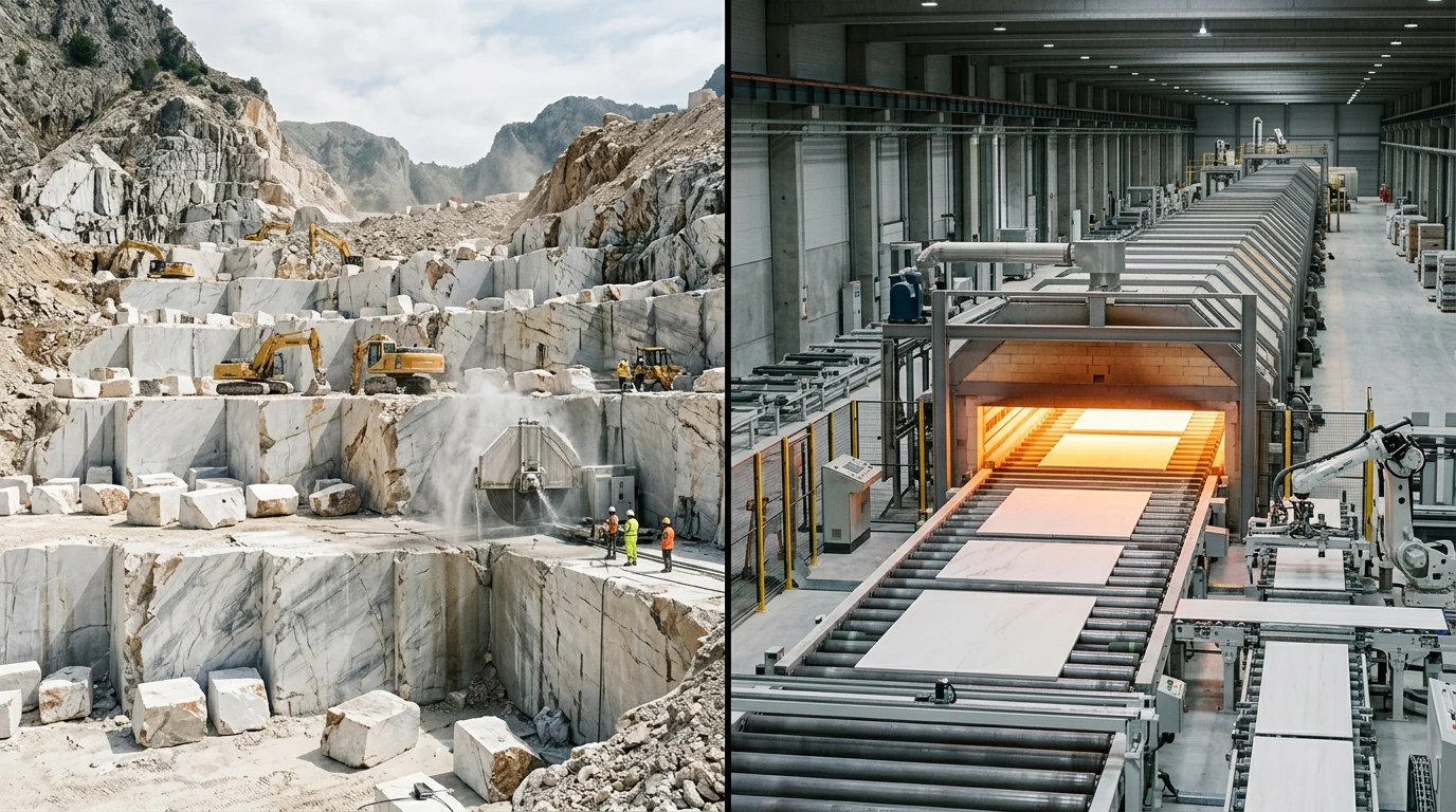 Natural Stone Quarry Extraction vs Automated Industrial Roller Kiln Sintering