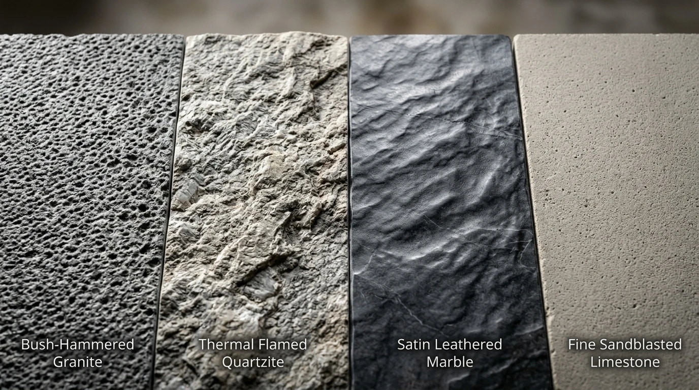 Bush-Hammered, Thermal Flamed, Satin Leathered, and Sandblasted Stone Surface Textures